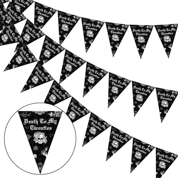3 Pack Death to My 20s Banner, 30th Birthday Decoration Black, Rip to My Twenties Birthday Bunting Banner, Gothic Birthday Photo Booth Props 30th Birthday Triangle Flag for Men Women Him Her