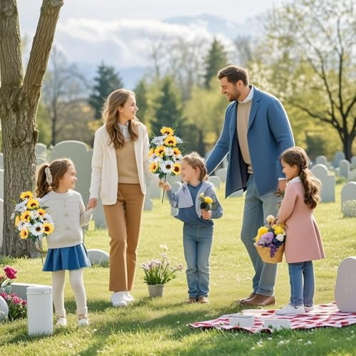 Artificial Cemetery Flowers for Grave: 2 Pcs Yellow White Sunflower Grave Flower Bouquets for Cemetery Decorations - Fall Outdoor Gravesite Flowers with Vase$$Home Decor, Kitchen, & Other