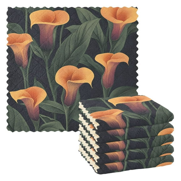 Orange Flowers on Black Background Kitchen Cloth Dish Towels for Drying Washing Absorbent Dish Rags 6 Pack