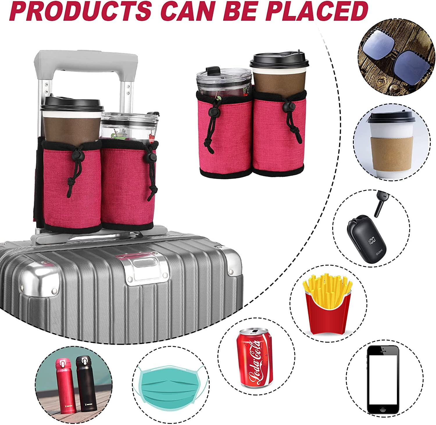 Luggage Cup Holder Travel Cup Holder Luggage Cup Holder Attachment Drinks  Carrier for Drink Beverages Coffee Mugs (Red) 