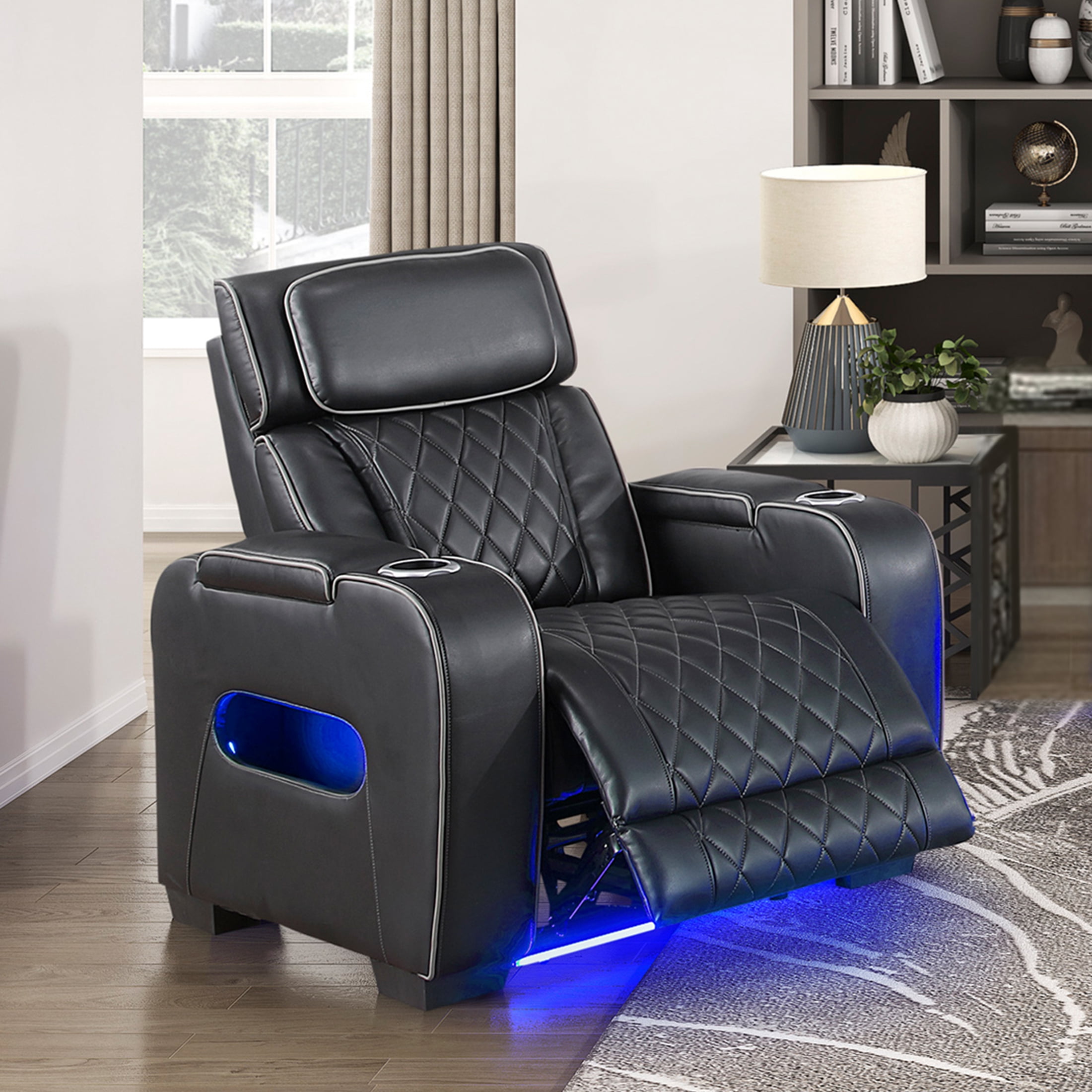OakvillePark Rowanford Faux Leather Power Reclining Chair with Power Headrest, Cup Holders and Storage Arms(Top and Side), Charging Ports and LED Lighting, Black