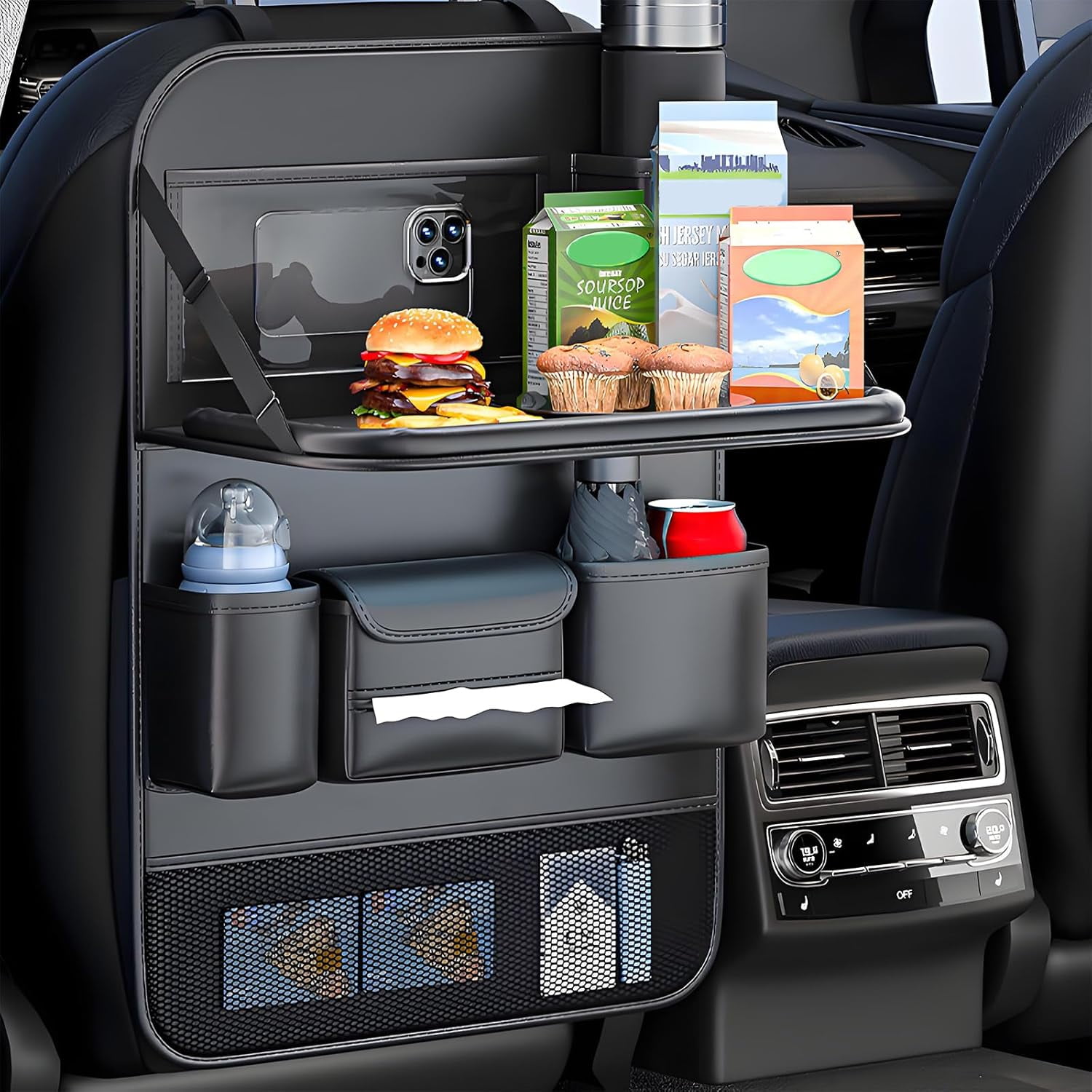 2 Pack Universal Foldable Car Backseat Organizer with Table Tray, Car Seat Back Protector with Touch Screen Phone Holder, Premium Leather Kick Mats with Storage Pockets Tissue Holder (Brown)