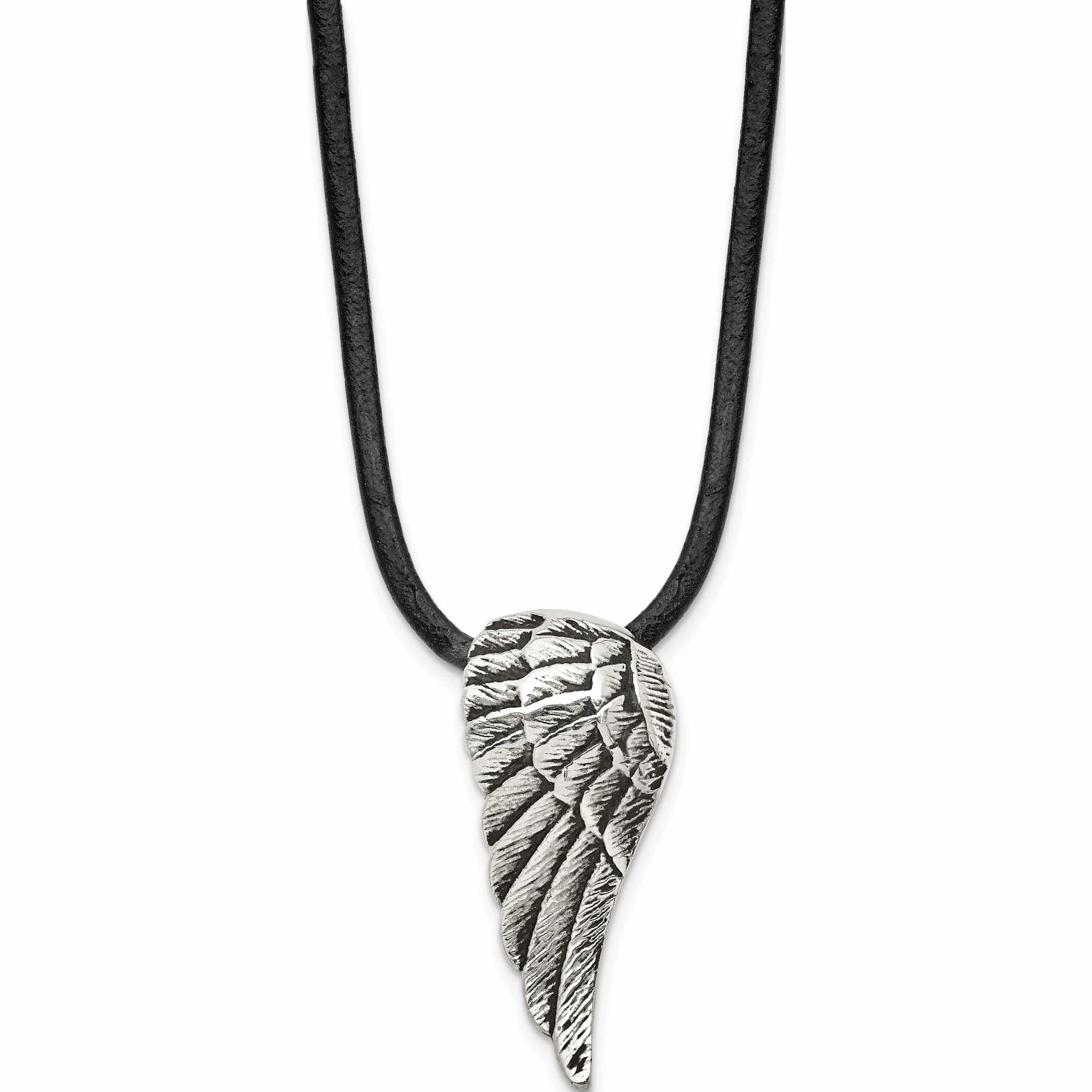 Stainless Steel Antiqued And Polished Wing With 20In Leather Cord Necklace Made In China -Jewelry By Sweet Pea
