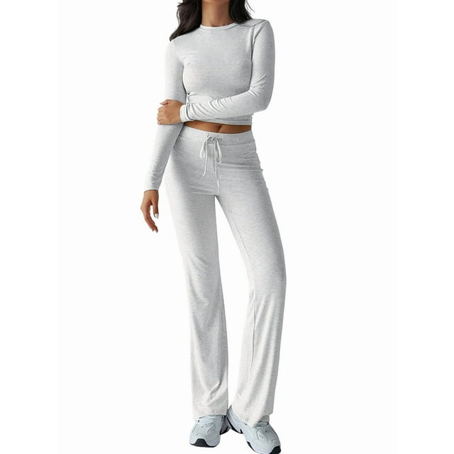 Conjunto de Chándal de Larga con Cuello Redondo y Pantalones Acampanados de Cintura Alta para Mujer. Flores Blancas y Grises M