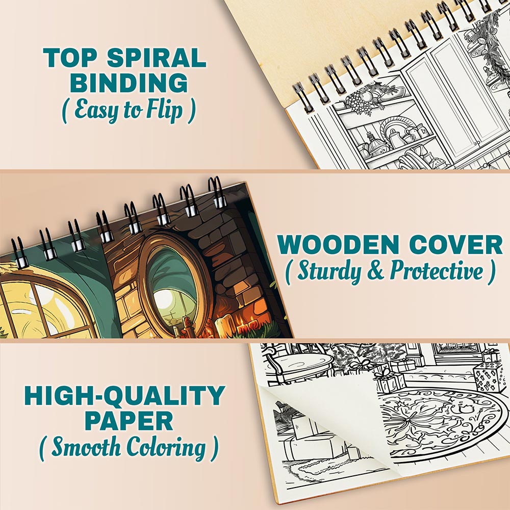 Netecom Cozy Christmas Coloring Book Spiral Bound for Adults, A5 Wooden Cover, 30 Heartwarming Coloring Pages of Festive Fireplaces in Xmas Day for Stress Relief and Relaxation