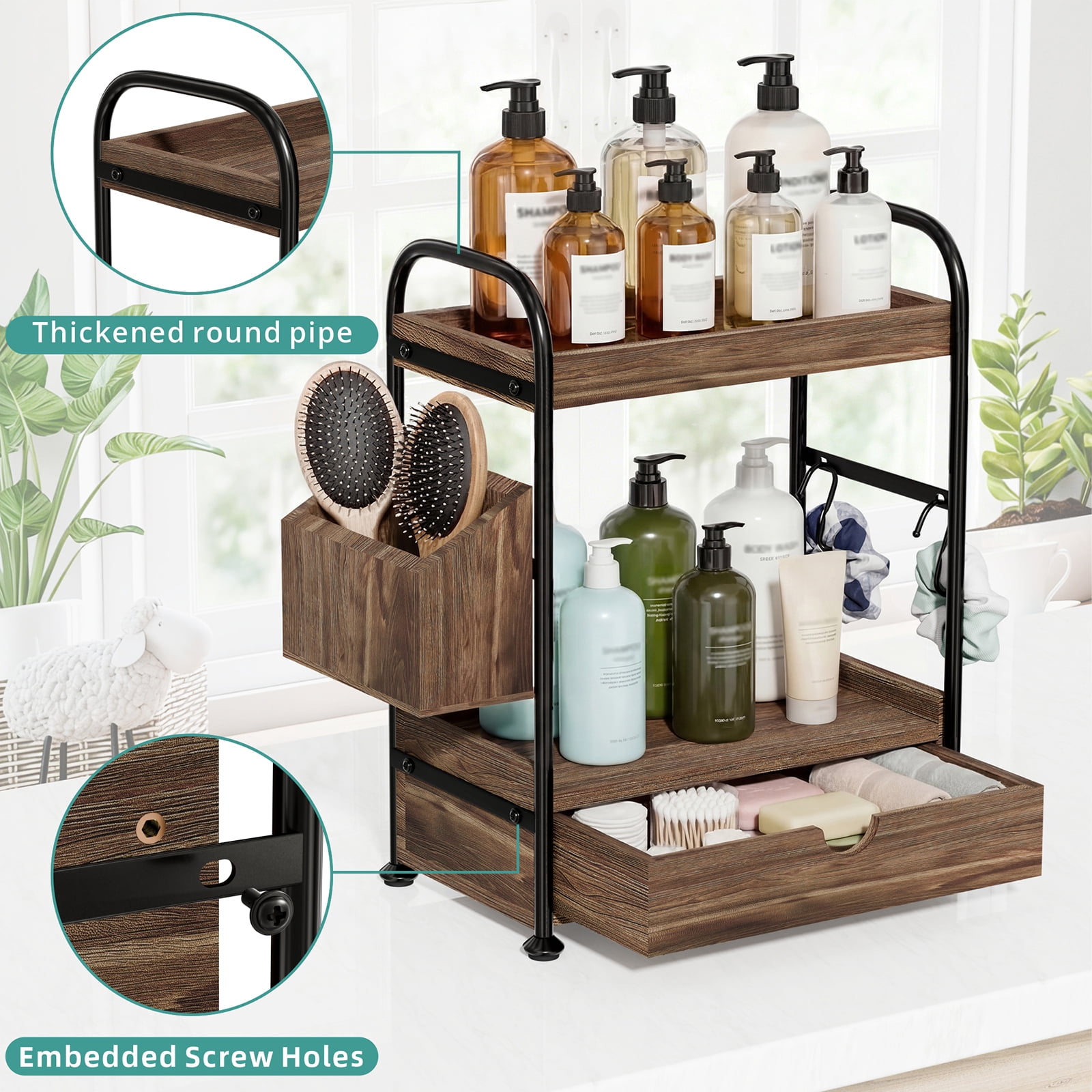2 Tier Bathroom Counter Organizer with Drawer, Wooden Vanity Skincare Storage Shelf with Thickened Iron Frame, Countertop Shelves with Basket and Hooks for Bathroom Makeup Organization (Dark Brown)
