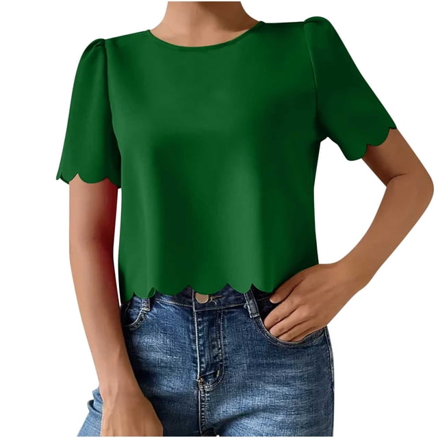 Timegard Womens Tops Crewneck Puff Short Sleeve Back Button Loose Cropped Casual Solid Color Tops Blouse