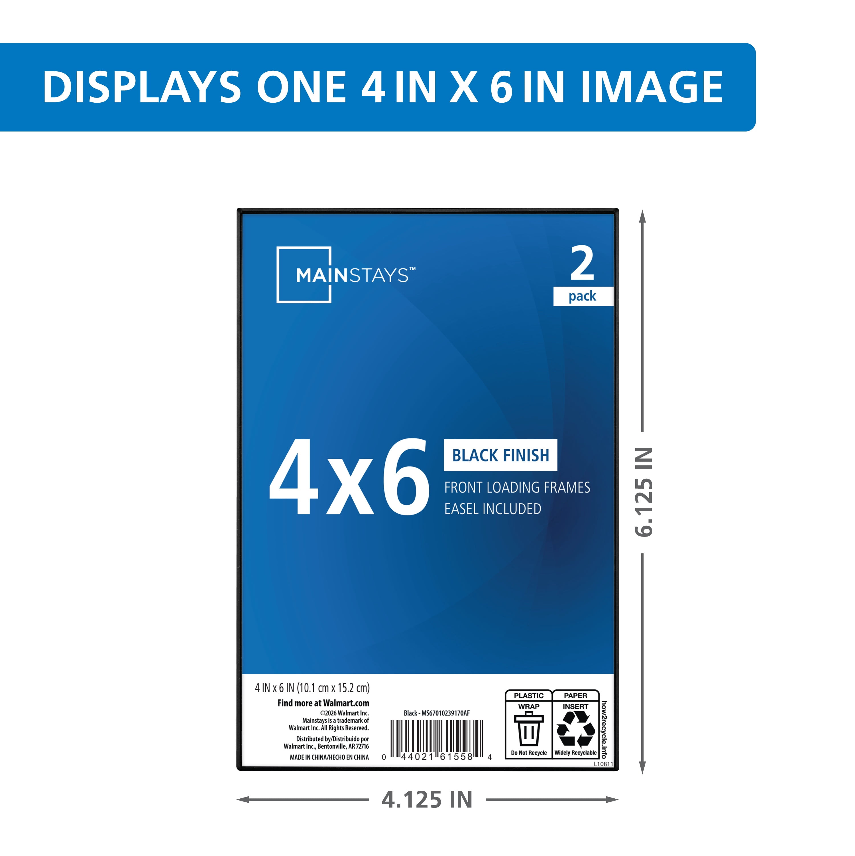 Mainstays 4x6 Picture Frame Black Front Loading Wall or Tabletop Photo Frame, Set of 2