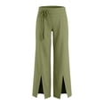 thumbnail image 6 of Womens Solid Color Cotton Tie Detail Elastic Waist Split Front Straight Leg Pants Casual Pocket Slit Hem Long Trousers Green XL(XL), 6 of 6