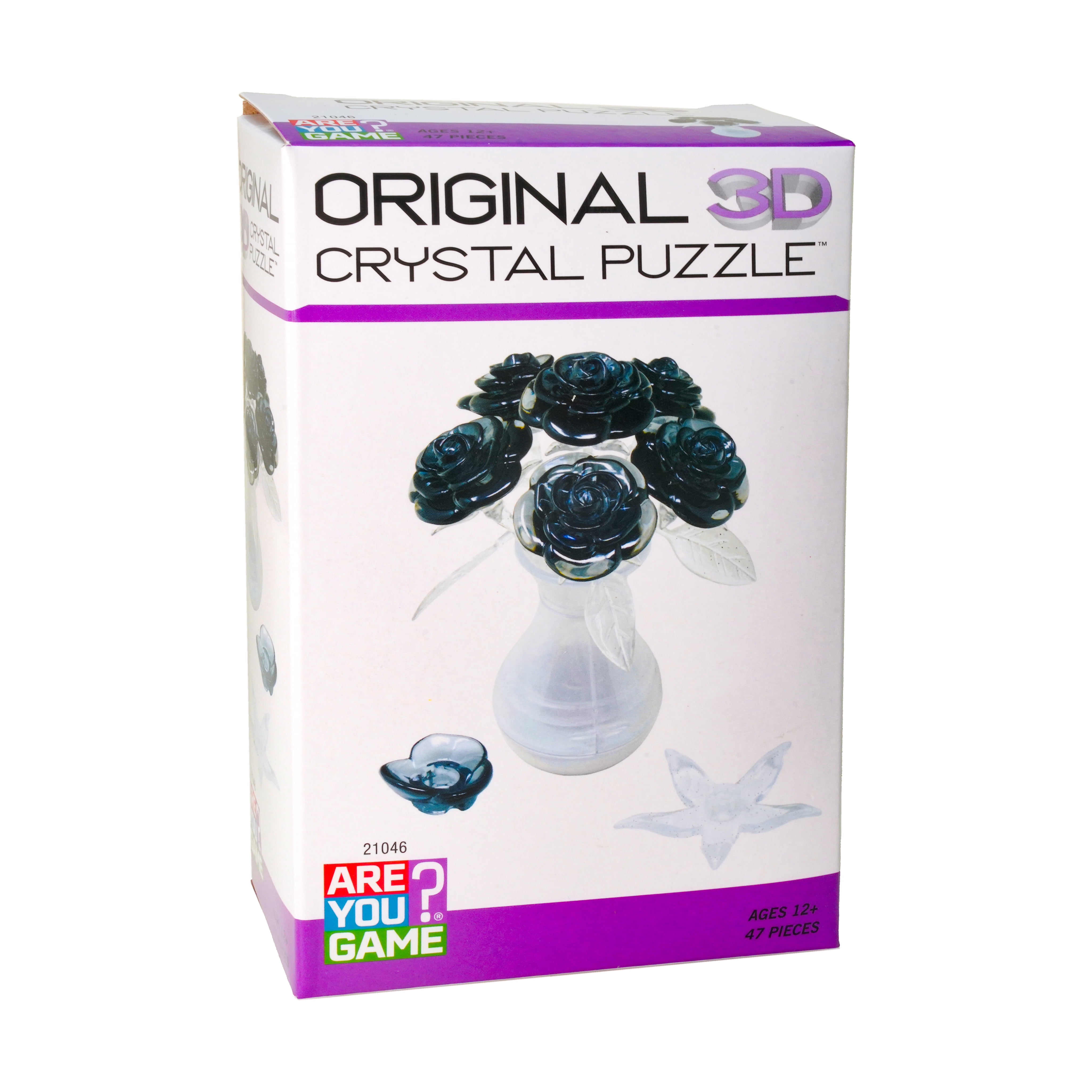 AreYouGame.com 3D Crystal Puzzle - Roses in a Vase (Black with Clear Stem, White Vase): 47 Pcs