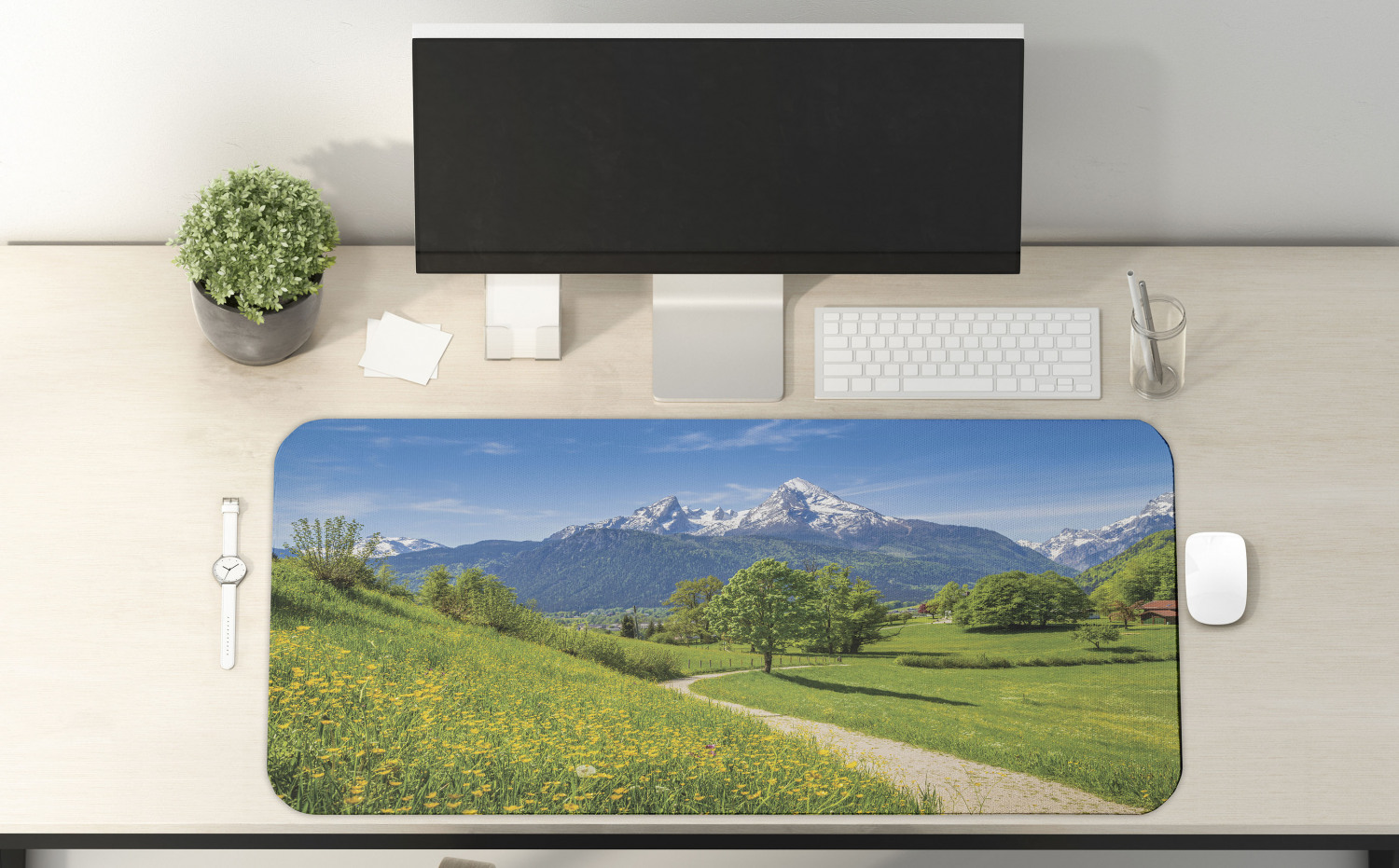Mountain Computer Mouse Pad, Spring Scenery in Alps with Floral Grass and Snowy Mountain Tops in Rural Village, Rectangle Non-Slip Rubber Mousepad X-Large, 35" x 15", Multicolor, by Ambesonne - image 2 of 2