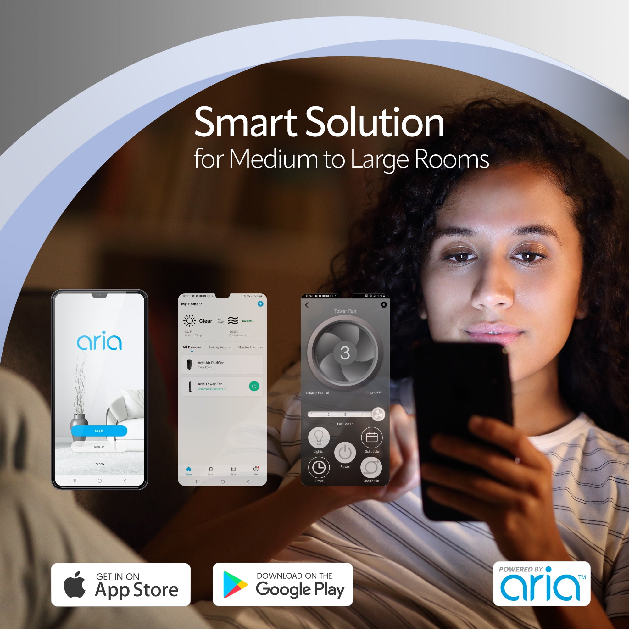 Lasko 40" 5-Speed Smart Tower Fan Powered by Aria, Wi-Fi Connected, Alexa, Google, White, T40735