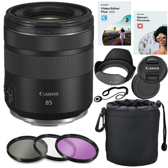 Canon RF 85mm F/2 Macro IS STM Lens Bundle: HD Filter Kit, Lens Cap Keeper, Tulip Hood, Pouch, 5-in-2 Software (11 Items)