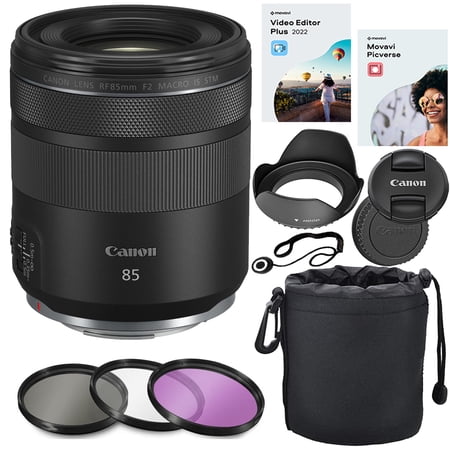 Canon RF 85mm F/2 Macro IS STM Lens Bundle: HD Filter Kit  Lens Cap Keeper  Tulip Hood  Pouch  5-in-2 Software (11 Items)