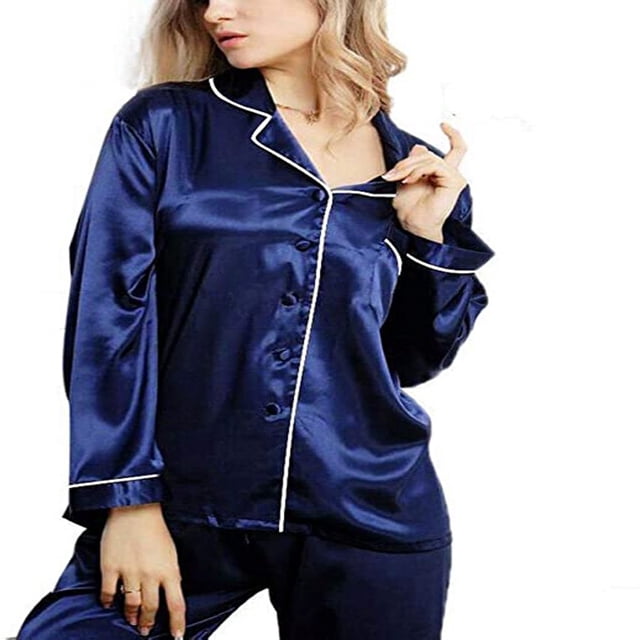 Women Silk Satin Pajamas Set Long Sleeve Long Button-Down Loungewear