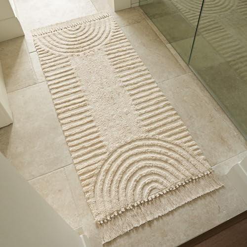 Boho Bathroom Rug with Tassels - Soft, Washable, Non-Slip Cotton Mat - Perfect 2x4.3 ft. Size to Enhance Modern Home Decor