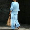 thumbnail image 5 of Mifsaly Lounge Wear for Women 2 Piece Set Plaid V Neck Bell Sleeve Top and Relaxed Wide Leg Pants Comfortable Everyday Casual Matching Outfits with Pockets Sky Blue,L, 5 of 7