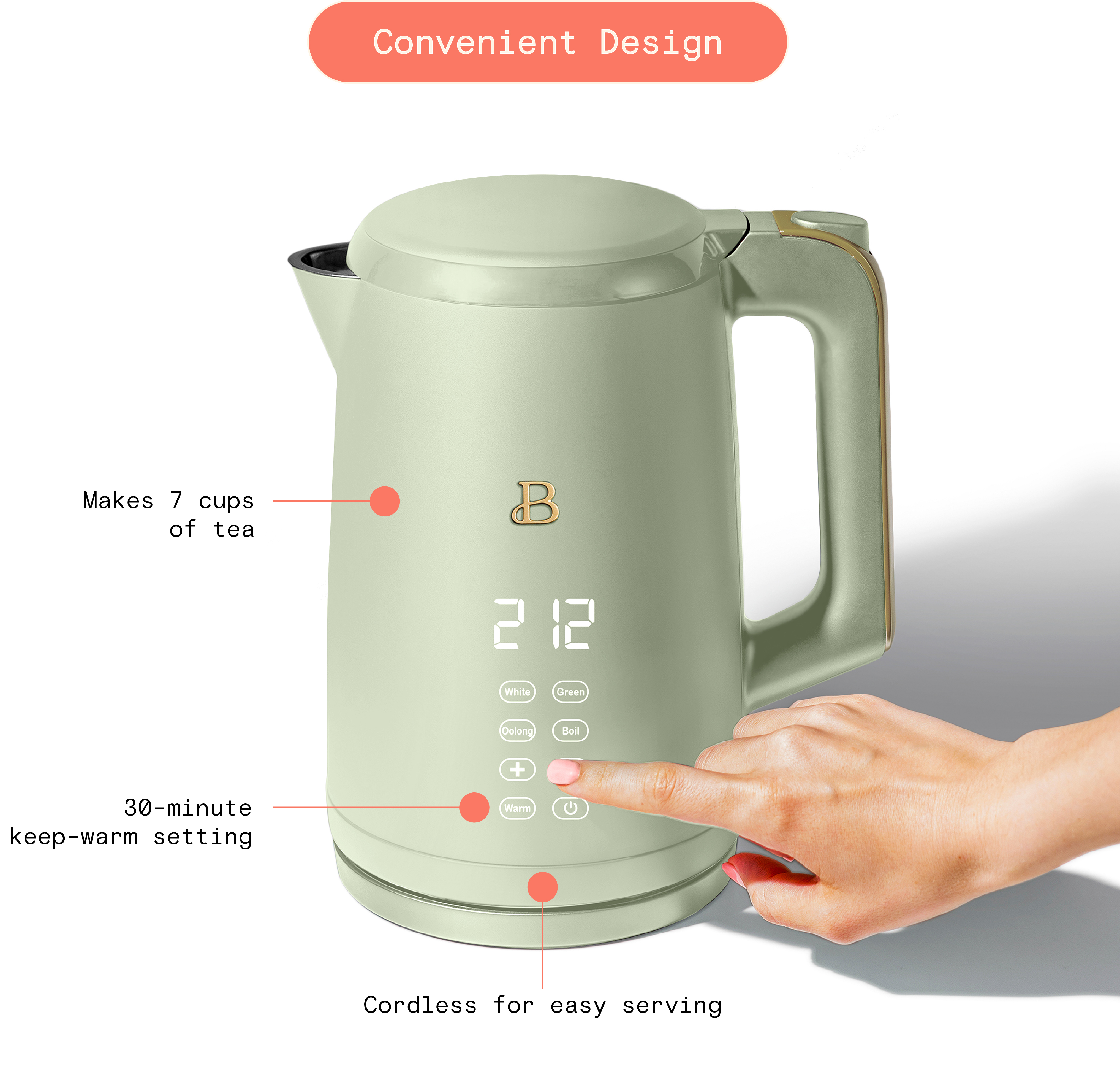 Beautiful 1.7-Liter Electric Kettle 1500 W with One-Touch Activation, Sage Green by Drew Barrymore - image 5 of 8