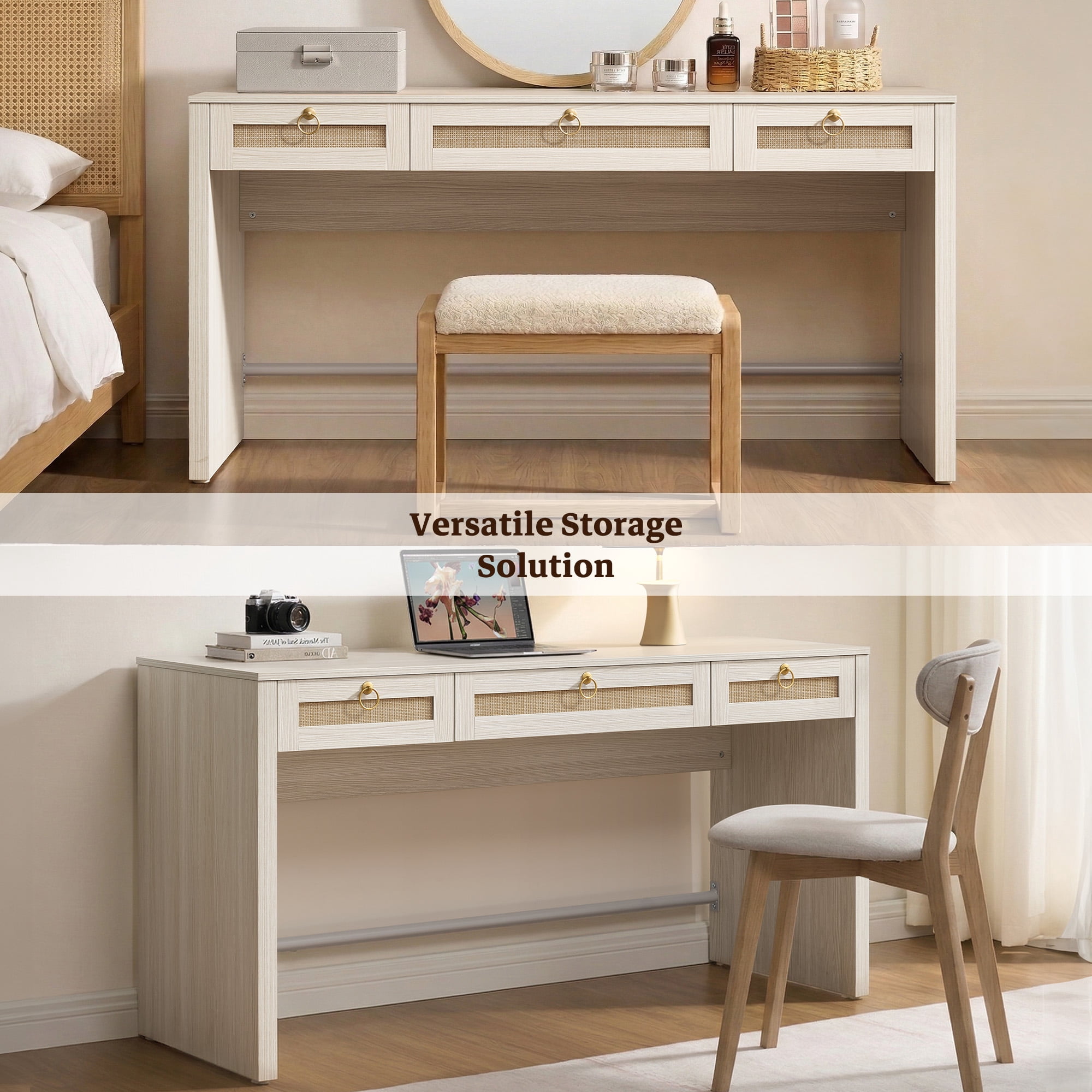 SICOTAS 59.05" W Home Office Computer Desk with Ample Storage，Boho Writing Desk with 3 Spacious Drawers & Unique Rattan Decor, Farmhouse Coastal Classic Style, Cream White