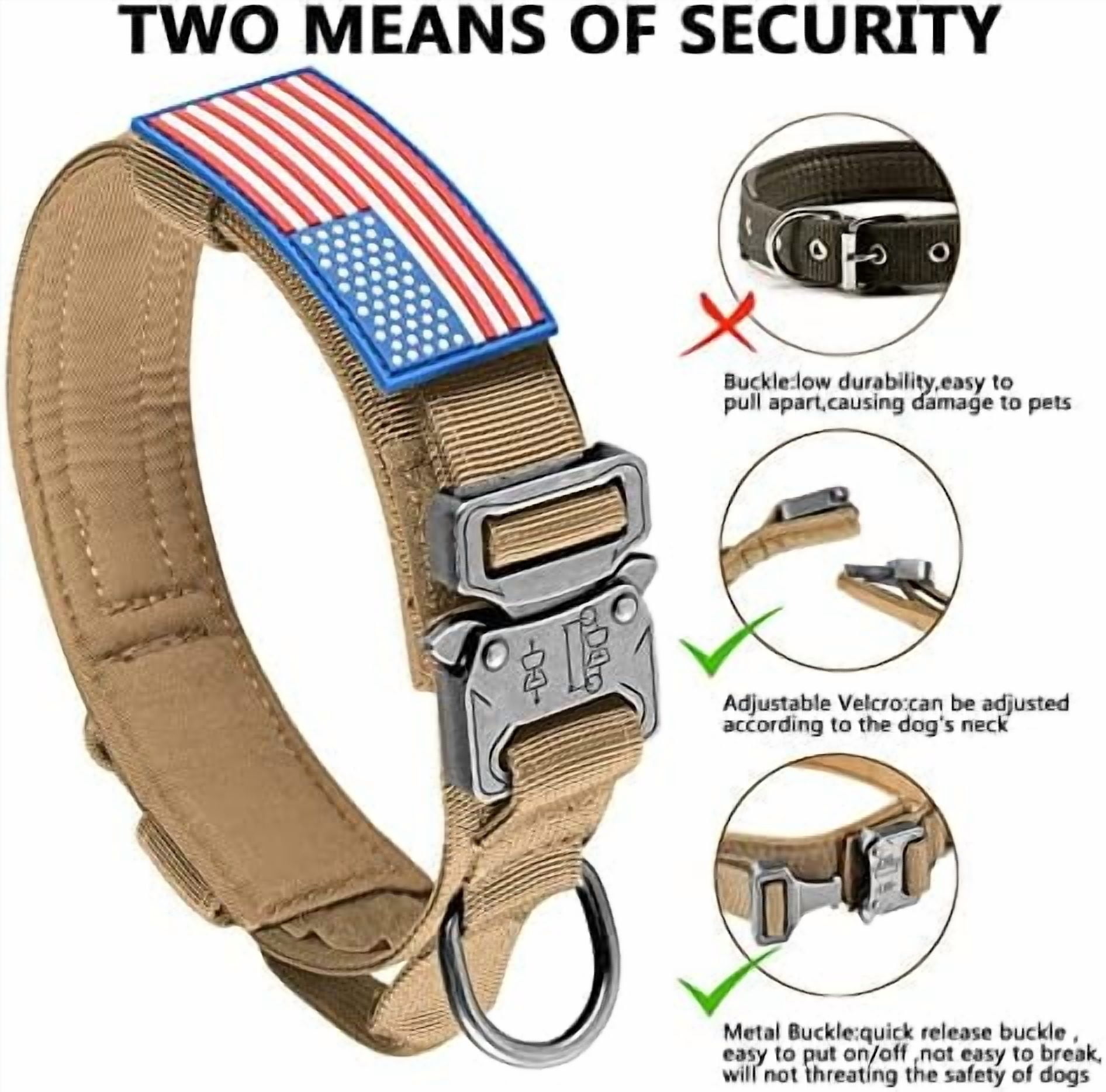 Tactical Dog Collar, Adjustable Military Training Nylon Dog Collar with Control Handle and Heavy Metal Buckle for Medium and Large Dogs, with Patches and Airtags Case (XXL, Brown)