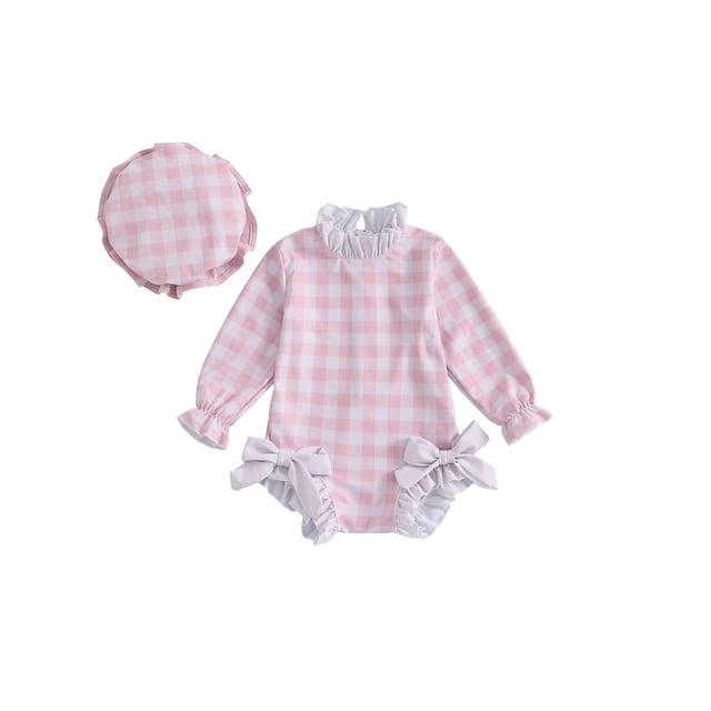 Gupgi Baby Girl Rash Guard with Swim Cap, Infant Plaid Print Swimsuit Long Sleeve Bow Bathing Suit