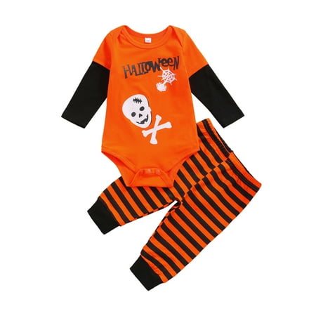 

Izhansean 2Pcs Infant Baby Boy Halloween Clothes Skull Letter Print Long Sleeves Romper + Striped Pants Set Orange 9-12 Months