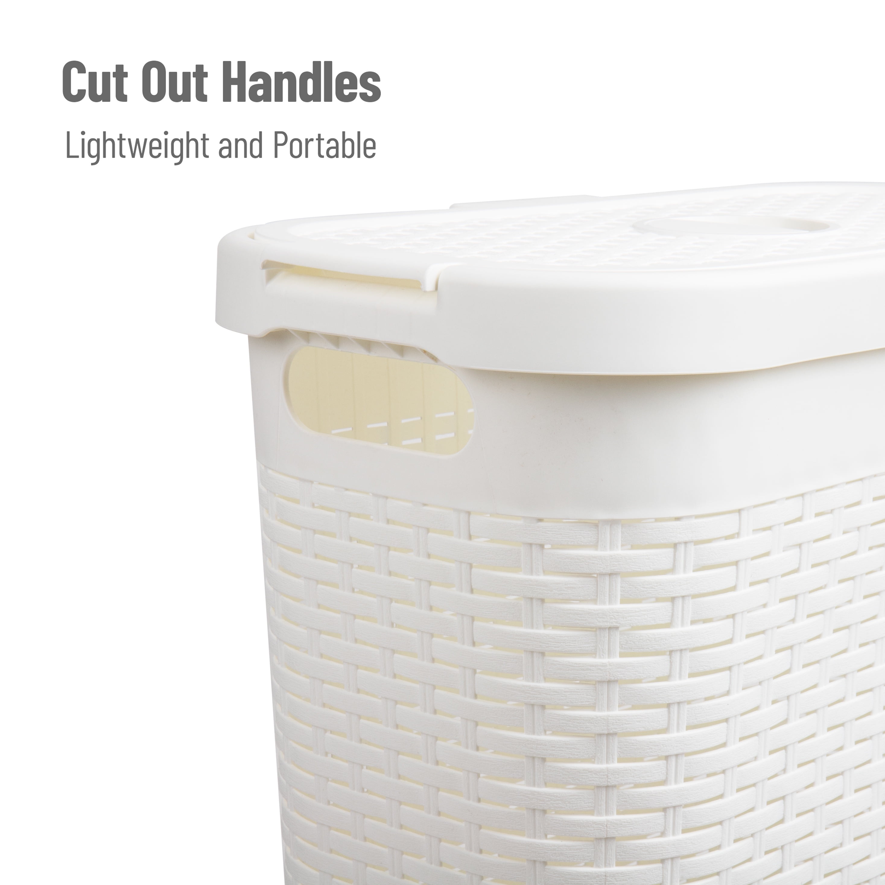 Mind Reader 40L Slim Laundry Hamper, Clothes Basket, Lid, Wicker Design, Plastic, 18"L x 10.4"W x 23.5"H, Set of 3, White