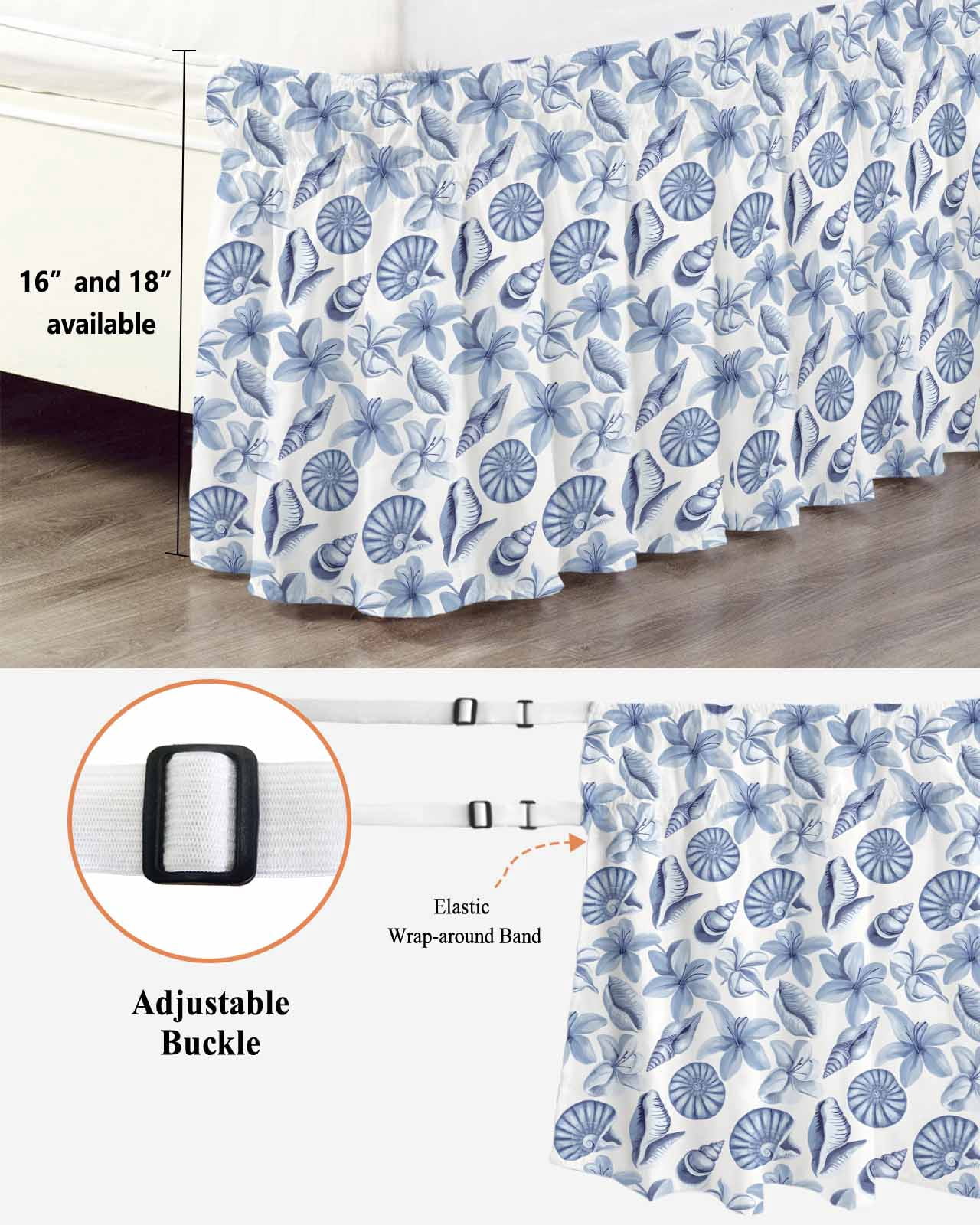 Blue Coastal Wrap Around Bed Skirts for Queen Bed 16" Drop, Bed Skirt with Adjustable Elastic Belt Dust Ruffle Bed Valance for Bedroom Hotel Luxury Shell Floral Ocean Retro Bed Frame Cover