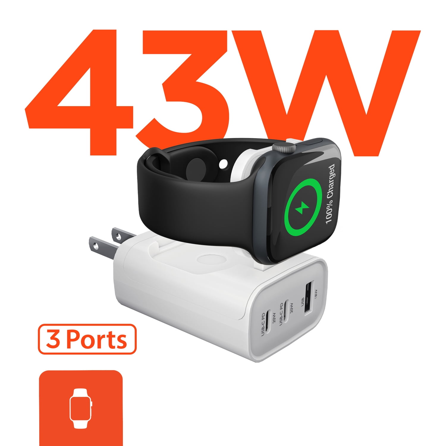 HyperGear SpeedBoost 43-Watt 3-Port USB Wall Charger with Built-in Apple Watch Charger