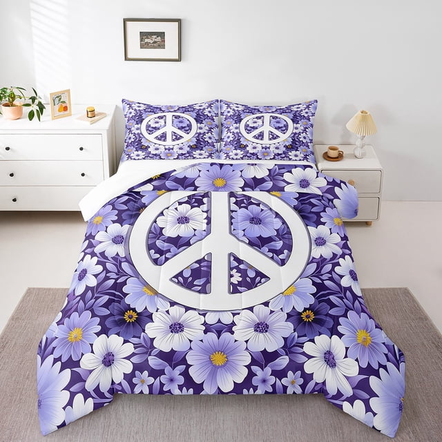 Purple Bohemian Bedding Set Peace Sign Hippy Full Comforter Set,Boho Floral Decor Down Comforter for Girls Woman Bedroom Extoic Flowers Bed Set