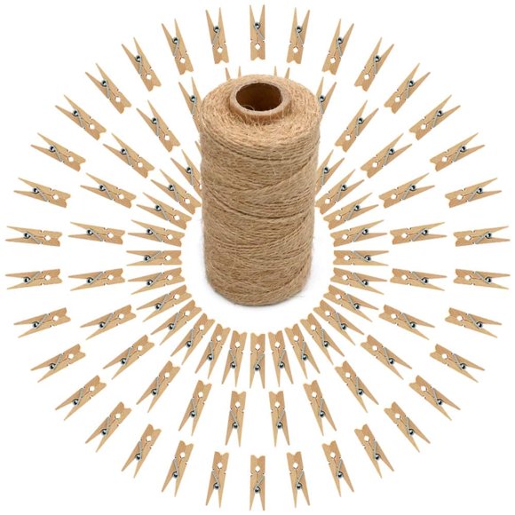 JijAcraft 100 pinzas para ropa con cordones de 1,4 pulgadas, resistentes, de madera, con cordel de yute de 328 pies, mini clips para colgar fotos, ropa, manualidades, artes al aire libre e interior