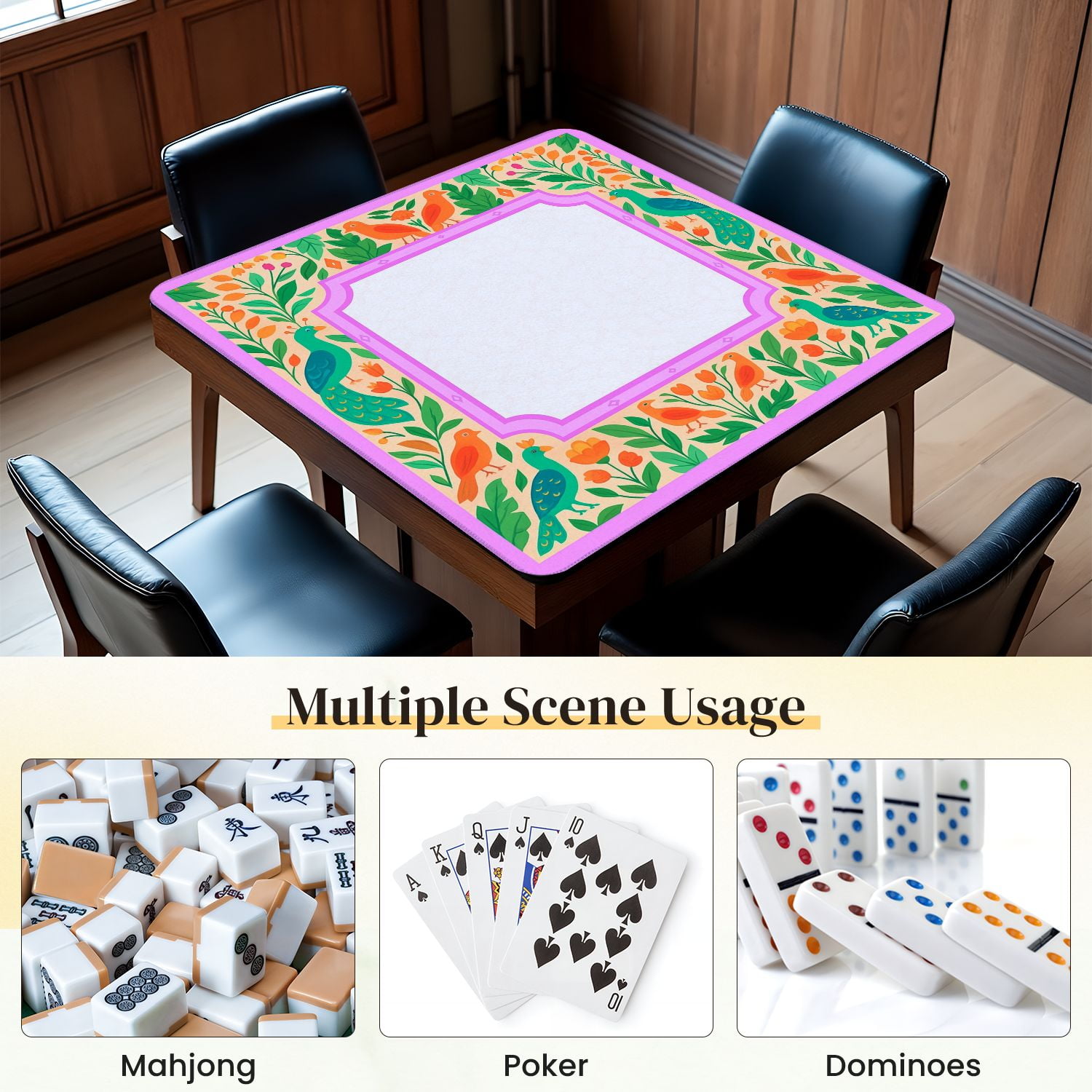 Mahjong Mat 31.5" x 31.5" Vibrant Floral Border Colorful Birds Leaves Anti-Slip and Noise Reduction Symmetry Design Mahjong Tiles Table Cover for Dominoes Poker Card Board and Tile Games