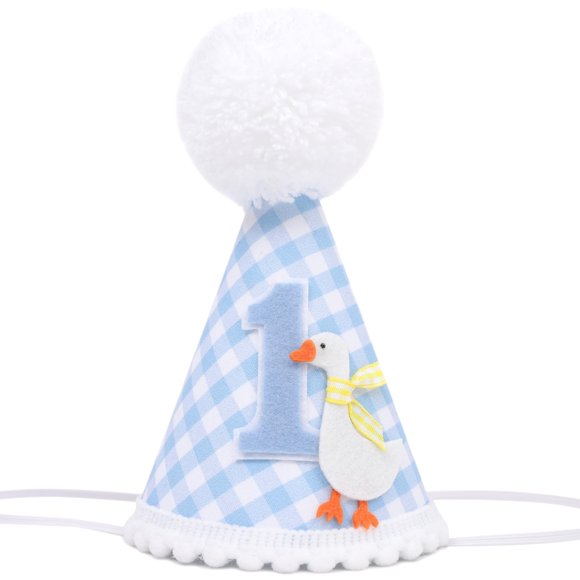 Gorro BASCT One Funny Goose Blue Gingham para niño en su primer cumpleaños