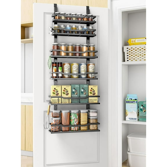 Over The Door Pantry Organizer, 6-Tier Over The Door Organizer with Adjustable Baskets, Metal Hanging Spice Rack for Pantry Organizers and Storage, Suitable for Kitchen Laundry Room & Bathroom, Black