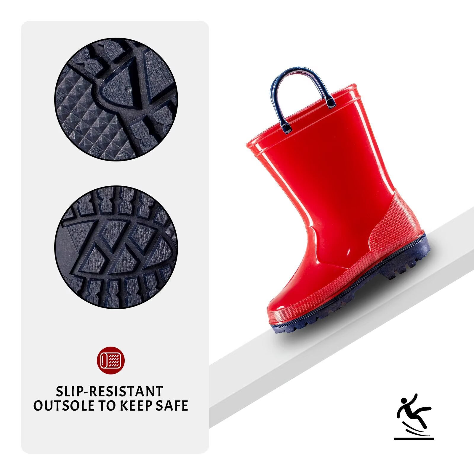 EUXTERPA Toddler Kids Waterproof Rain Boots Boys Girls Red Boots with Handles Big Kid Size 1