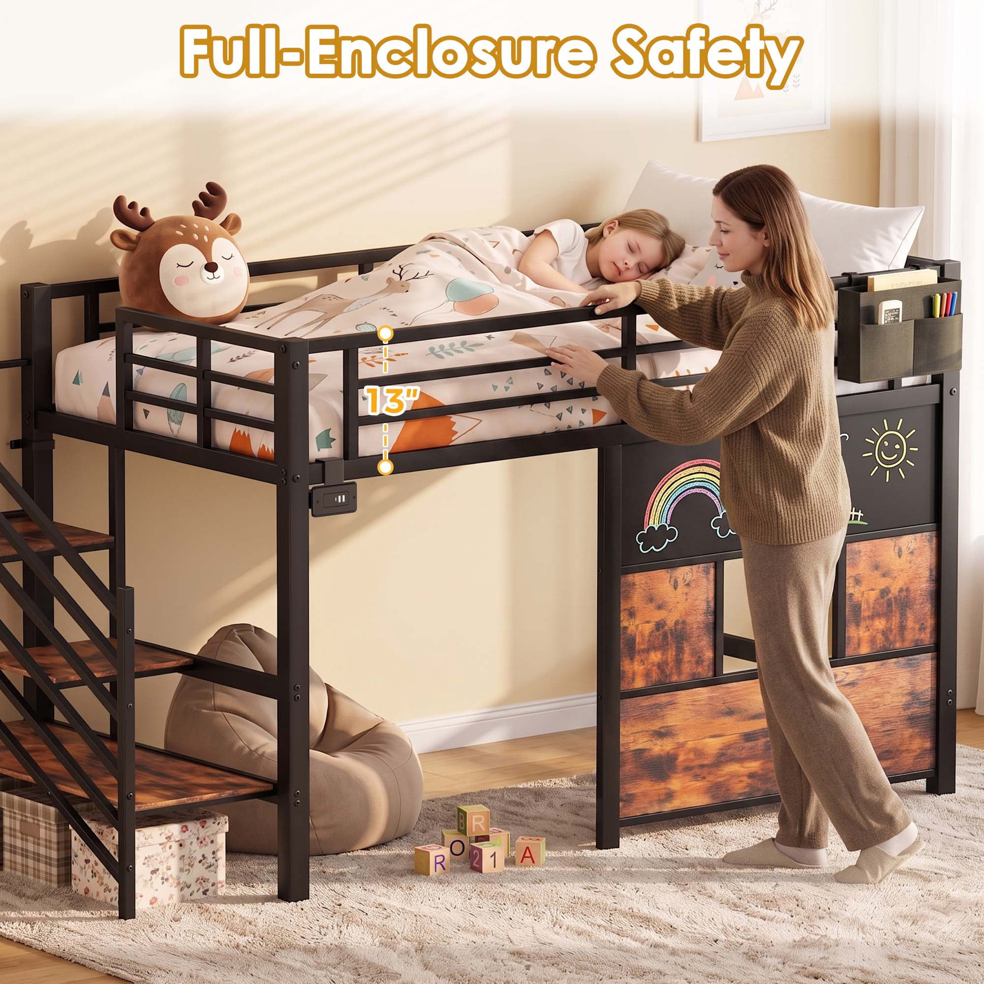 Miniyam Twin Size Metal Low Loft Bed with Storage Stairs and Blackboard,USB Charging, Black