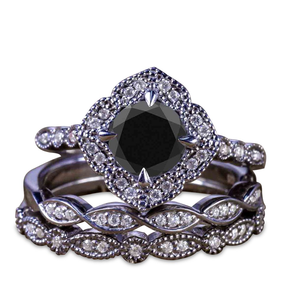 JeenMata 2 Carat Round Gothic Black Diamond 3pcs Ring Set Black Band Engagement Ring 10k