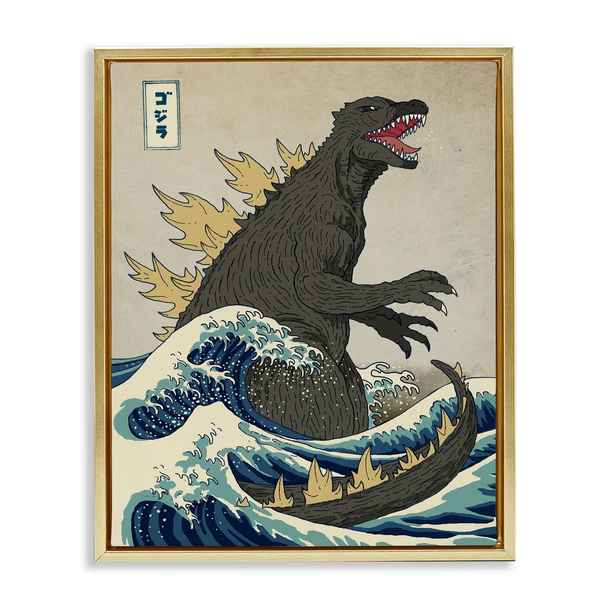 Stupell Industries Godzilla in the Waves Eastern Poster Style Illustration Metallic Gold Framed Floating Canvas Wall Art, 16x20, by Michael Buxton