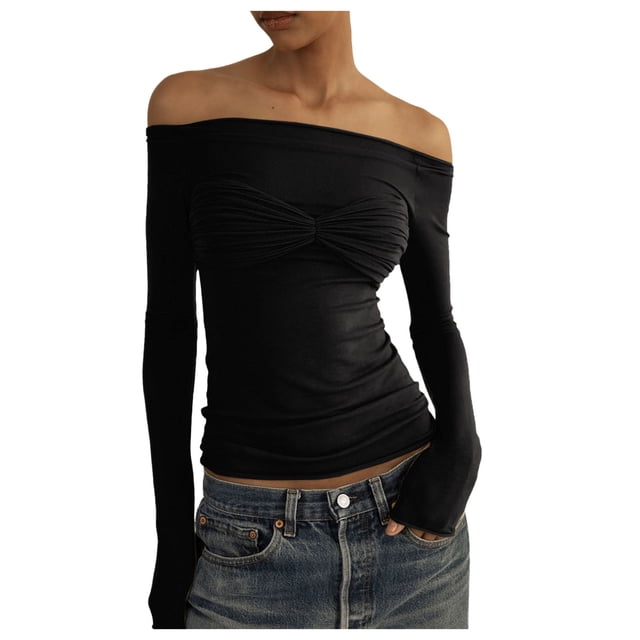 Women's Fashion Off Shoulder Long Sleeve Tees Slim Fit Stretchy Top - Solid Color, Backless, Perfect for Spring, Fall and Various Occasions