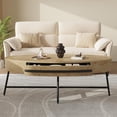 thumbnail image 3 of Oval Coffee Table with Drawer Mid-Century Modern Center Table 47.2“ Wooden Coffee Table with Storage and Cross Metal Legs Unique Curved Design for Living Room, 3 of 8