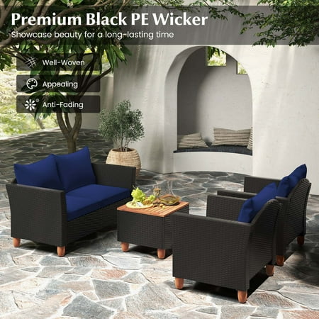 Costway 4 PCS Wicker Patio Furniture Set with Removable Cushions Storage Coffee Table - Navy,Black