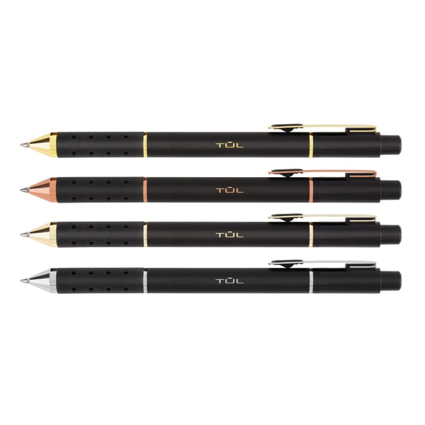 Black Ink Gel Black Barrels Pack Of 4 Pens 0.7 mm TUL Mixed Metal Elements Wrap Pens Medium Point