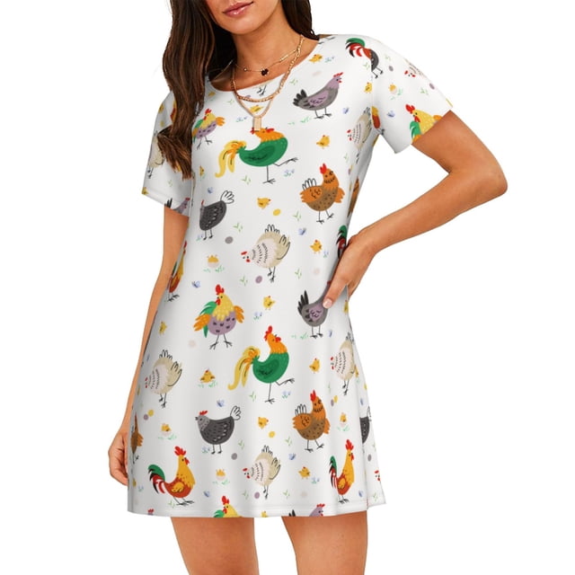 Vsdgher Chemise de Nuit à Manches Courtes pour Femmes, Motif de Poulet Amusant, Col Rond, Mignonne, Volants, Confortable
