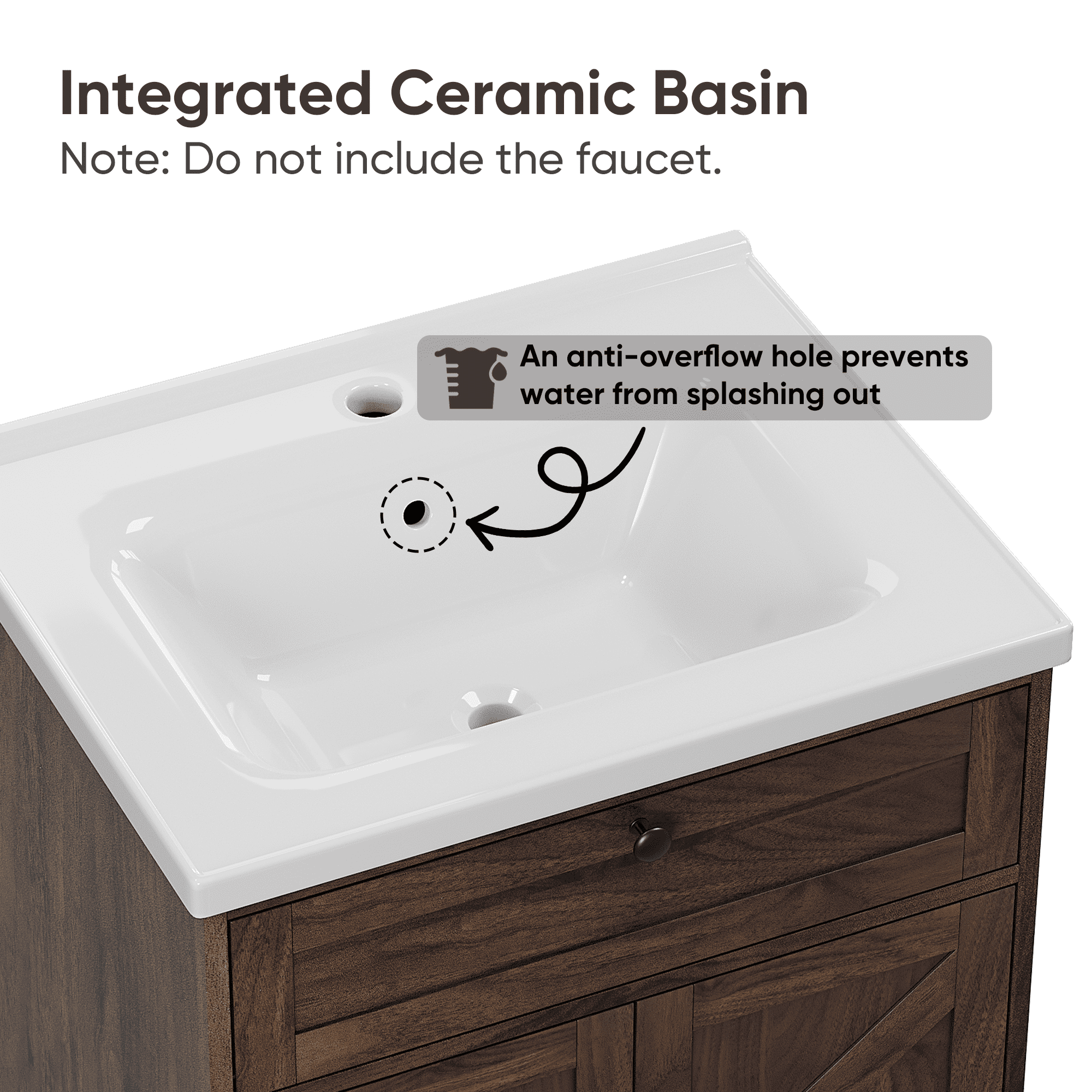 Smuxee 24" Bathroom Vanity with Integrated Sink Top, Bathroom Storage Cabinet with Flip Drawer & Doors, Walnut