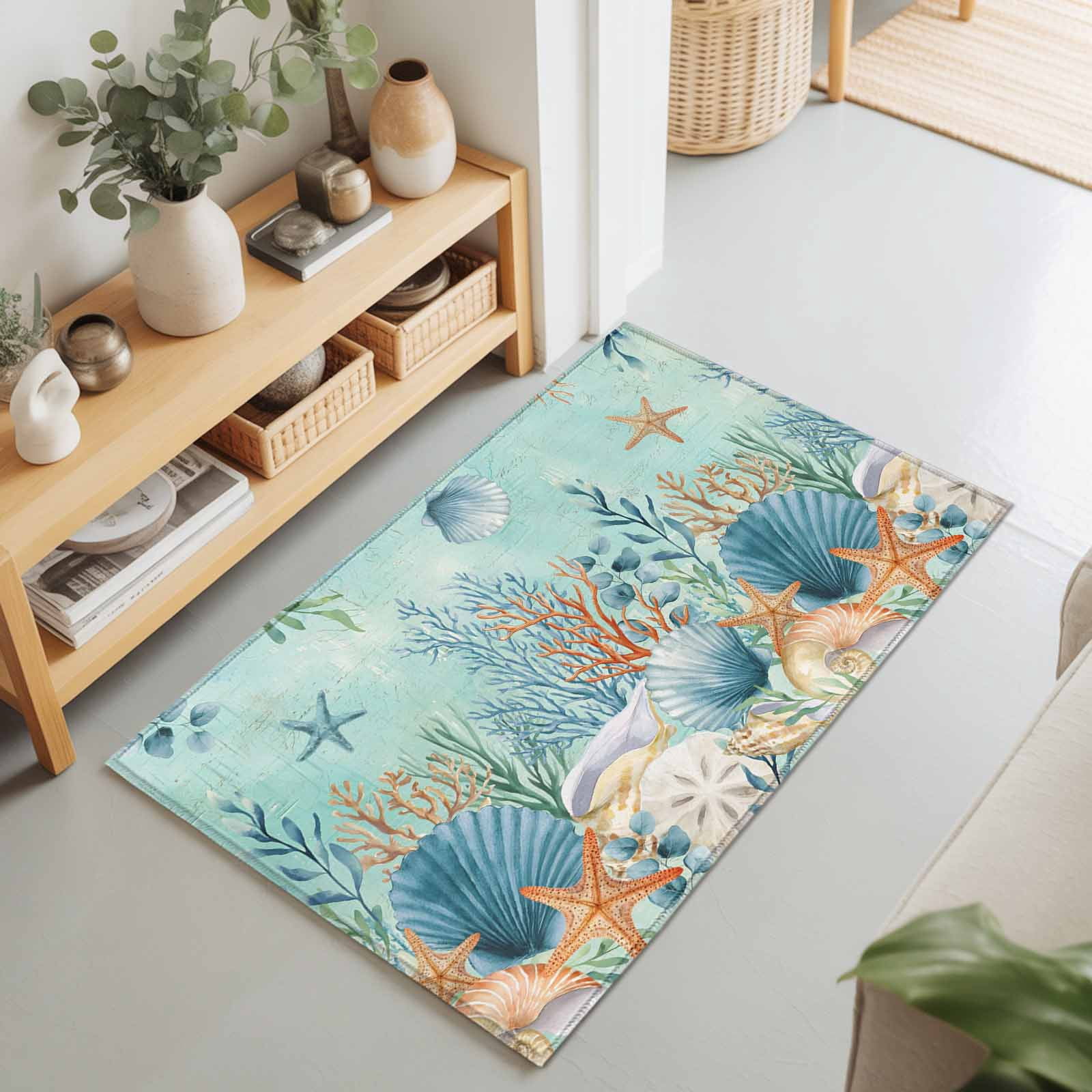 Entryway Rug 2'x3', Teal Coastal Kitchen Runner Rugs Non-Slip Carpet Mats, Summer Beach Starfish Shell Coral Nautical Bedside Rugs Runners Washable Floor Carpet for Bathroom Laundry Room