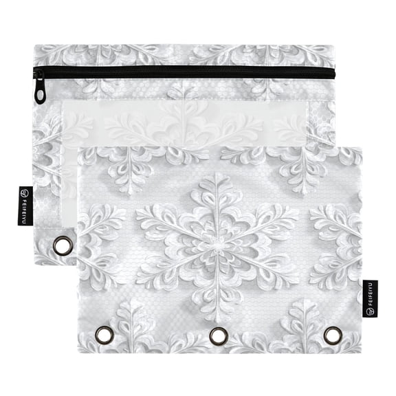3d Christmas White Snowflakes Binder Pouches Zipper Pocket Document Storage 3 Rings 2 Packs A5 Size