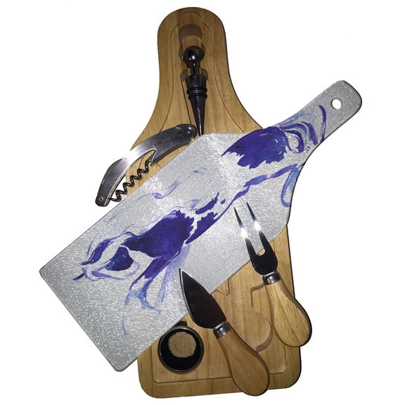 KuzmarK Wine & Cheese Glass Cutting Board Wood Box Gift Set - Prancing Piebald Gypsy Vanner Stallion in Purple and Blue Abstract Horse Art by Denise Every