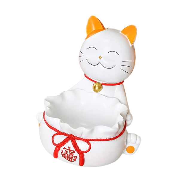 Estatua de gato de la suerte de resina para decoración del hogar, organizador de escritorio, bandeja de almacenamiento Blanco
