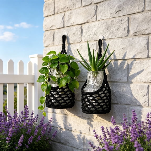 Yhmxh Macrame Wall Hanging Plants Basket, Hand-Woven Cotton Rope Hollow Flower Pot Holder, Boho Woven Hanging Planter Net Bag, Decorative Wall Mount Plant Hanger for Indoor Plants Wall Decor