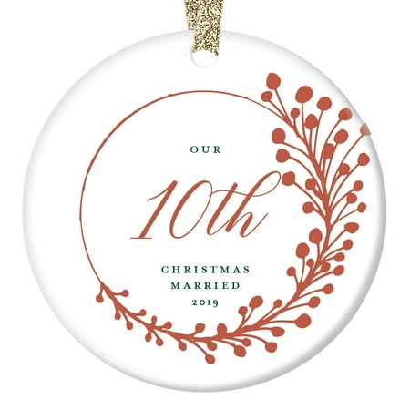 Wordings For Christmas Celebration 10th Anniversary Christmas Ornament 2019 Dated Tree Keepsake Gift 10 Years Married Couple Present Mr Mrs Husband Wife Tenth Celebration Party Farmhouse Ceramic 3